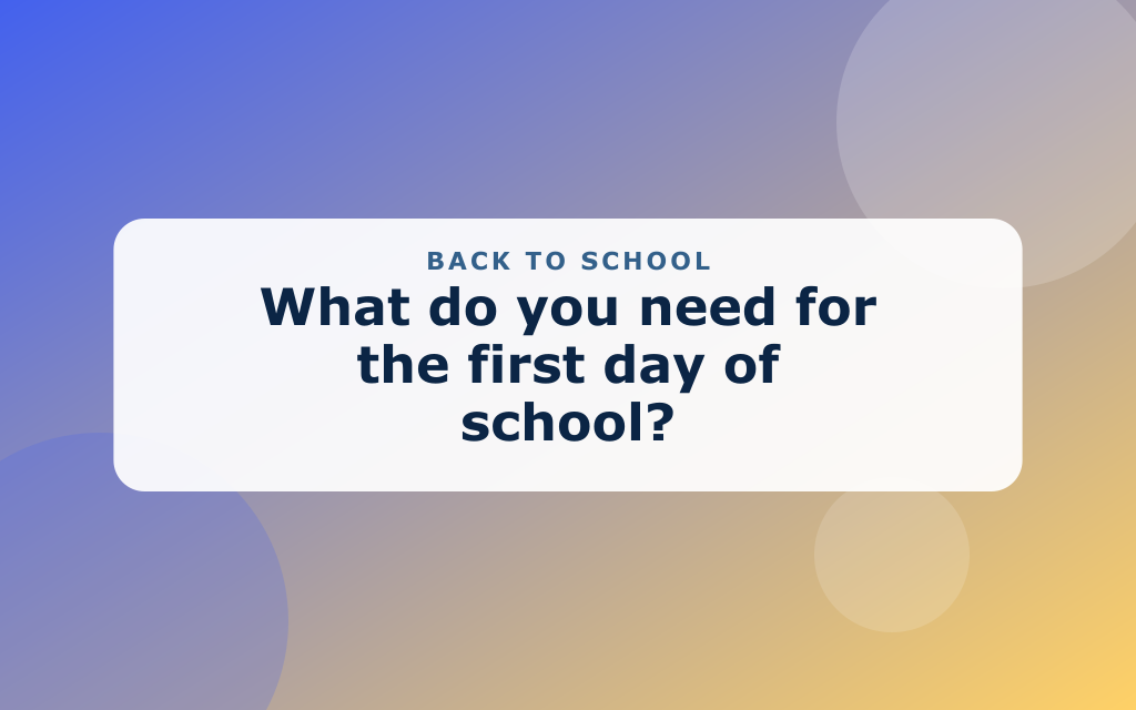 Cartoon back-to-school scene with a backpack, supplies, and a school bus