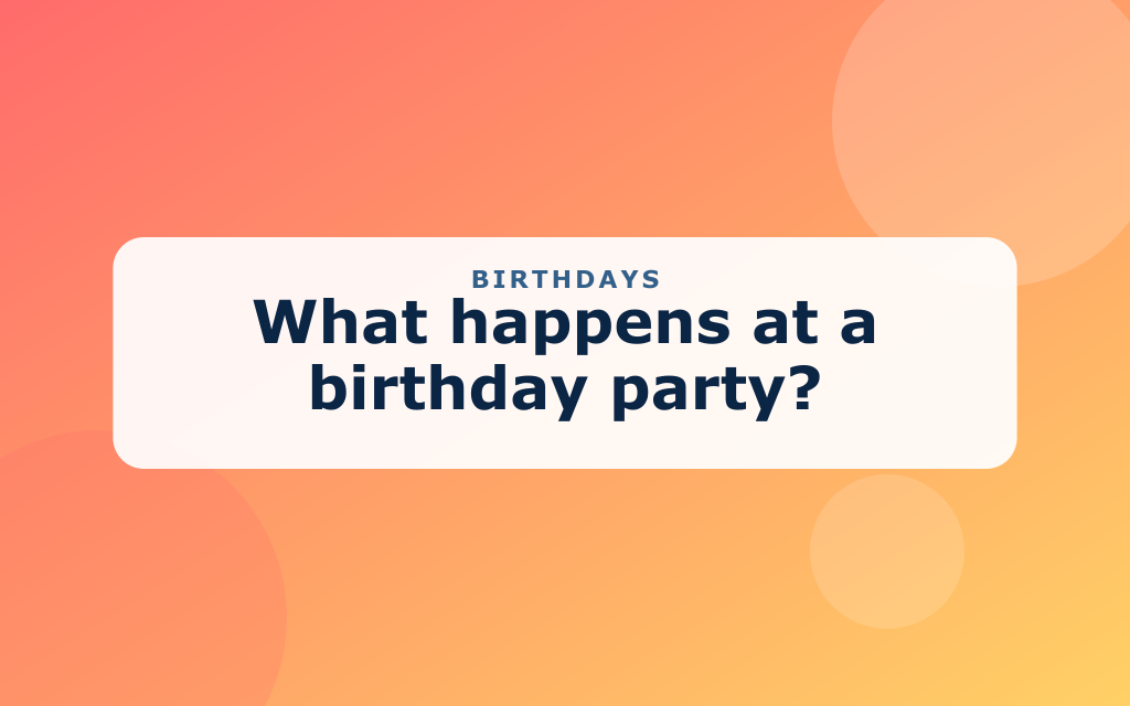 Cartoon birthday party with a cake, presents, balloons, and party hats