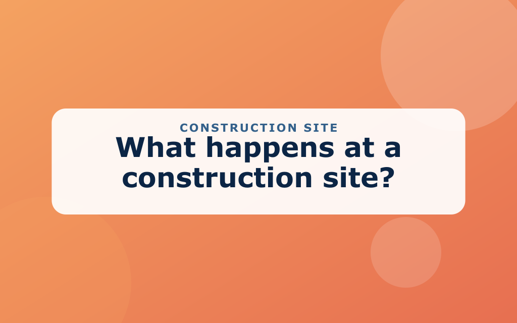Cartoon construction site with a crane, bulldozer, truck, and worker