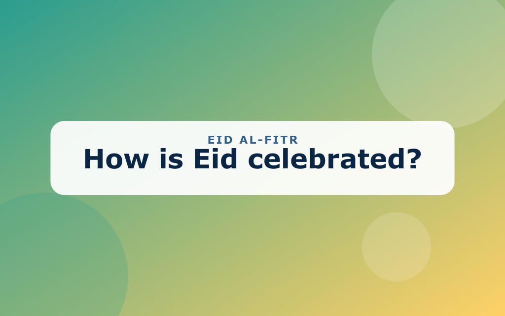 Cartoon Eid scene with a crescent moon, lanterns, sweets, and gifts