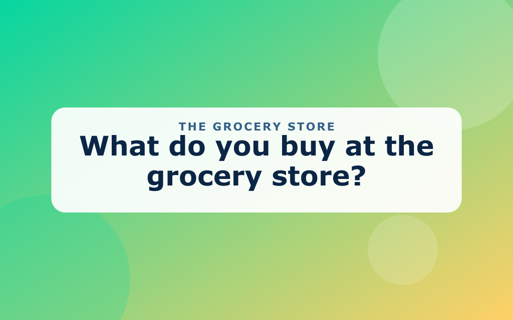 Cartoon grocery store with a cart, food shelves, produce, and a cashier