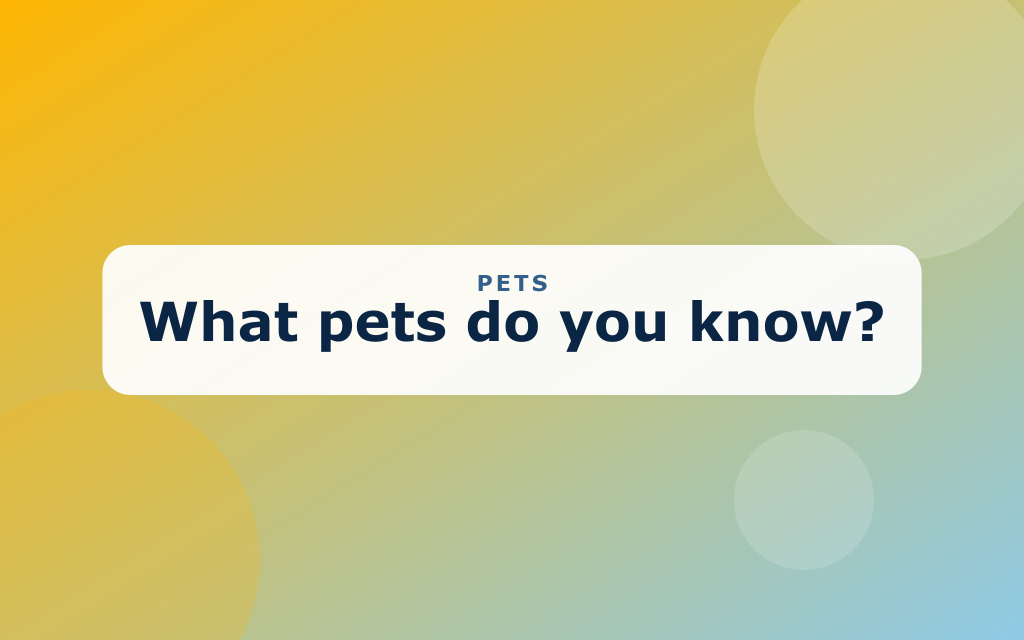 Cartoon pets including a dog, cat, goldfish, rabbit, and bird