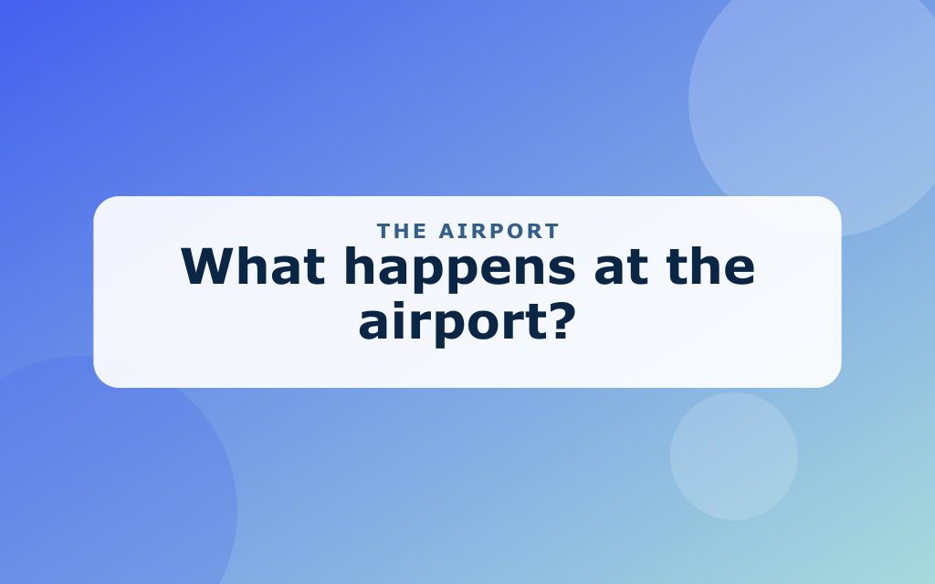 Cartoon airport with an airplane, pilot, suitcases, and a control tower