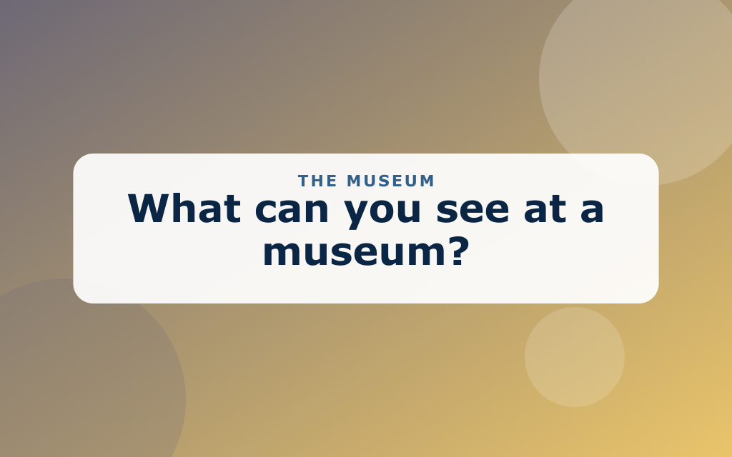 Cartoon museum with a dinosaur skeleton, paintings, and a statue