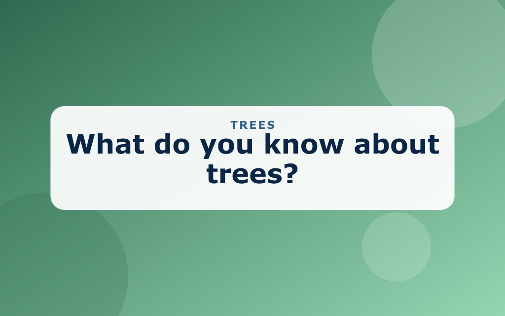 Cartoon oak tree with roots, a squirrel, an acorn, and a pine tree